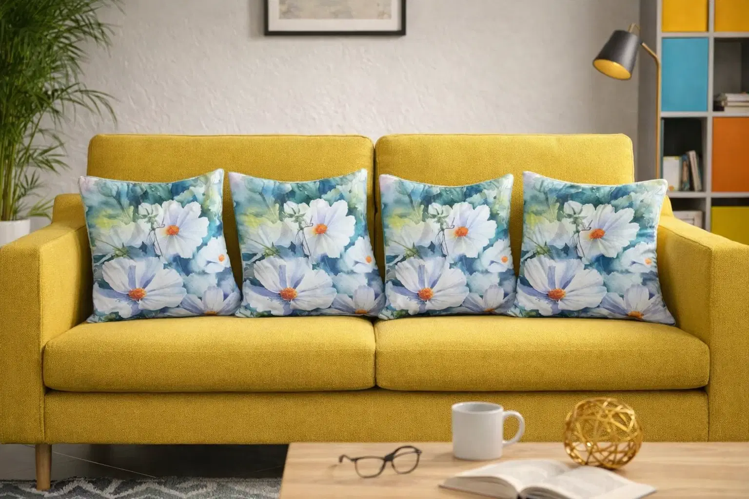Four floral cushion covers with white flowers on a yellow sofa in a modern living room