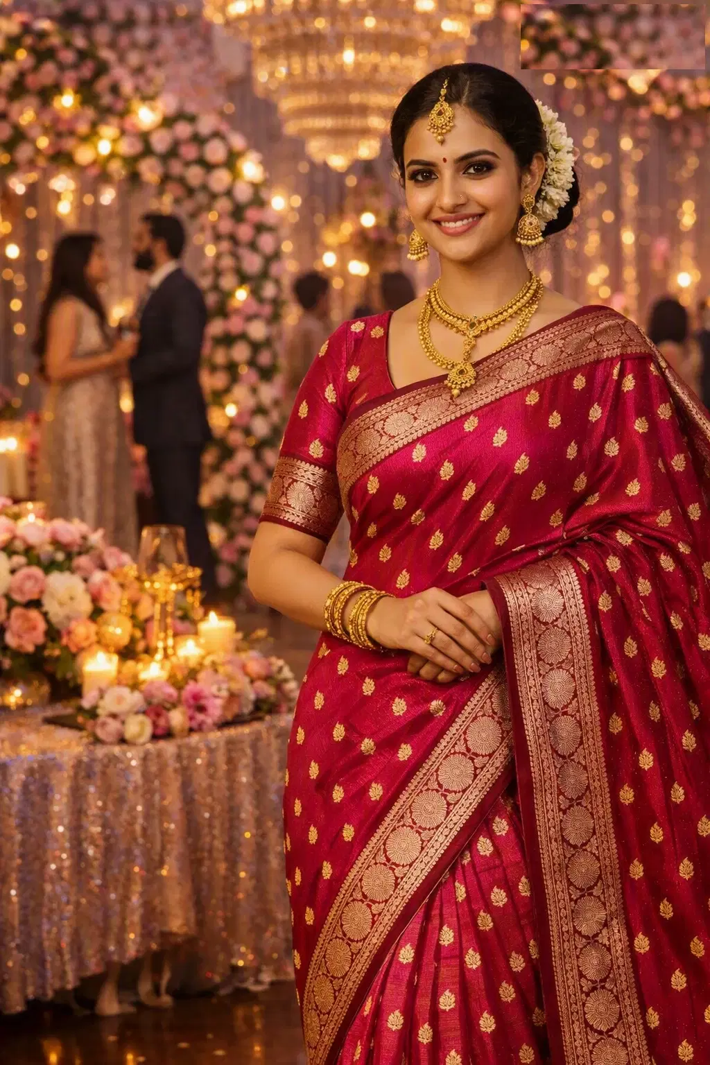 Women's Rose Pink Tussar Benarasi Silk Saree with Gold Zari Border