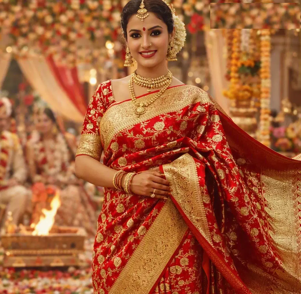 Woman wearing a red and gold zari silk saree with bridal jewelry at a festive wedding setting