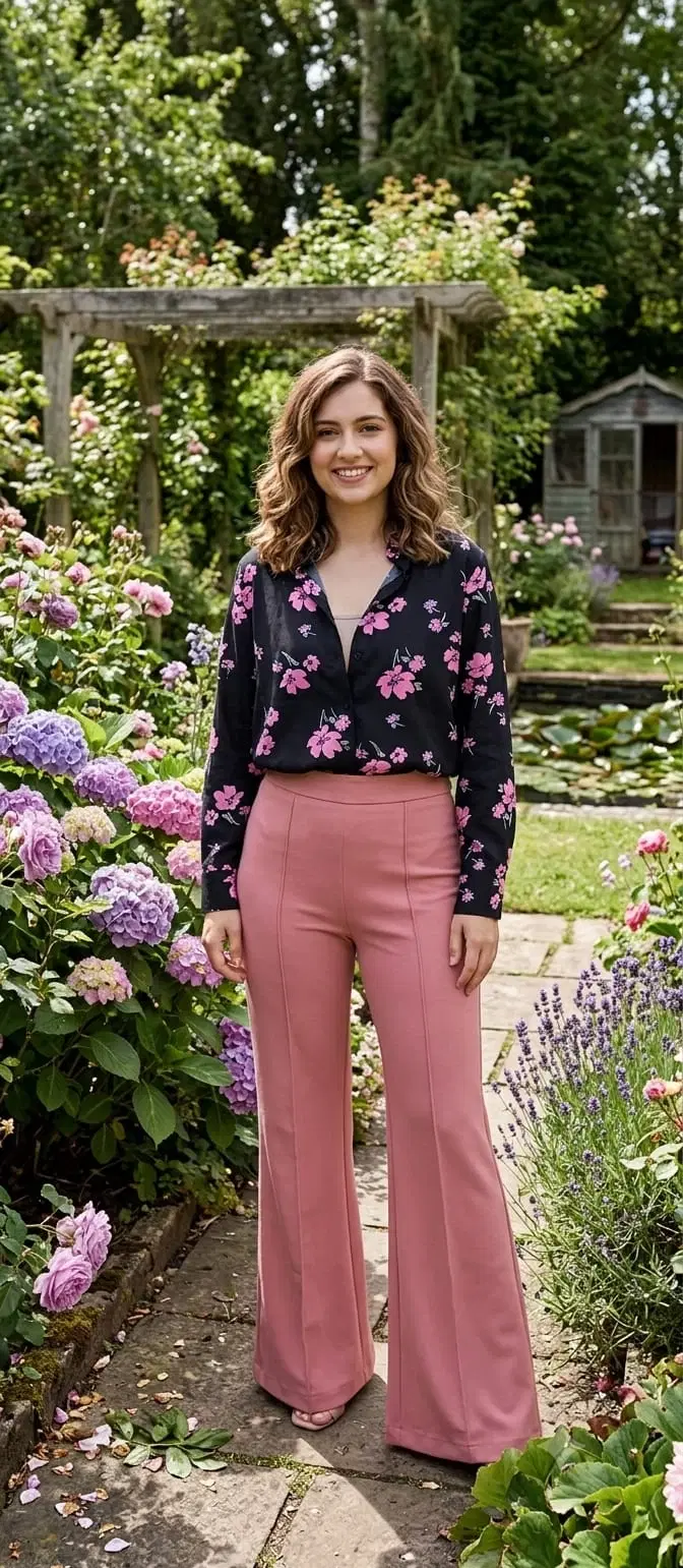 Women's Black Floral Shirt and Peach Bell Bottom Pants