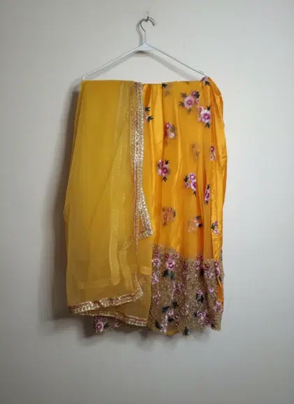 Women’s Yellow Floral Embroidered Semi-stitched Lehenga Set with Dupatta