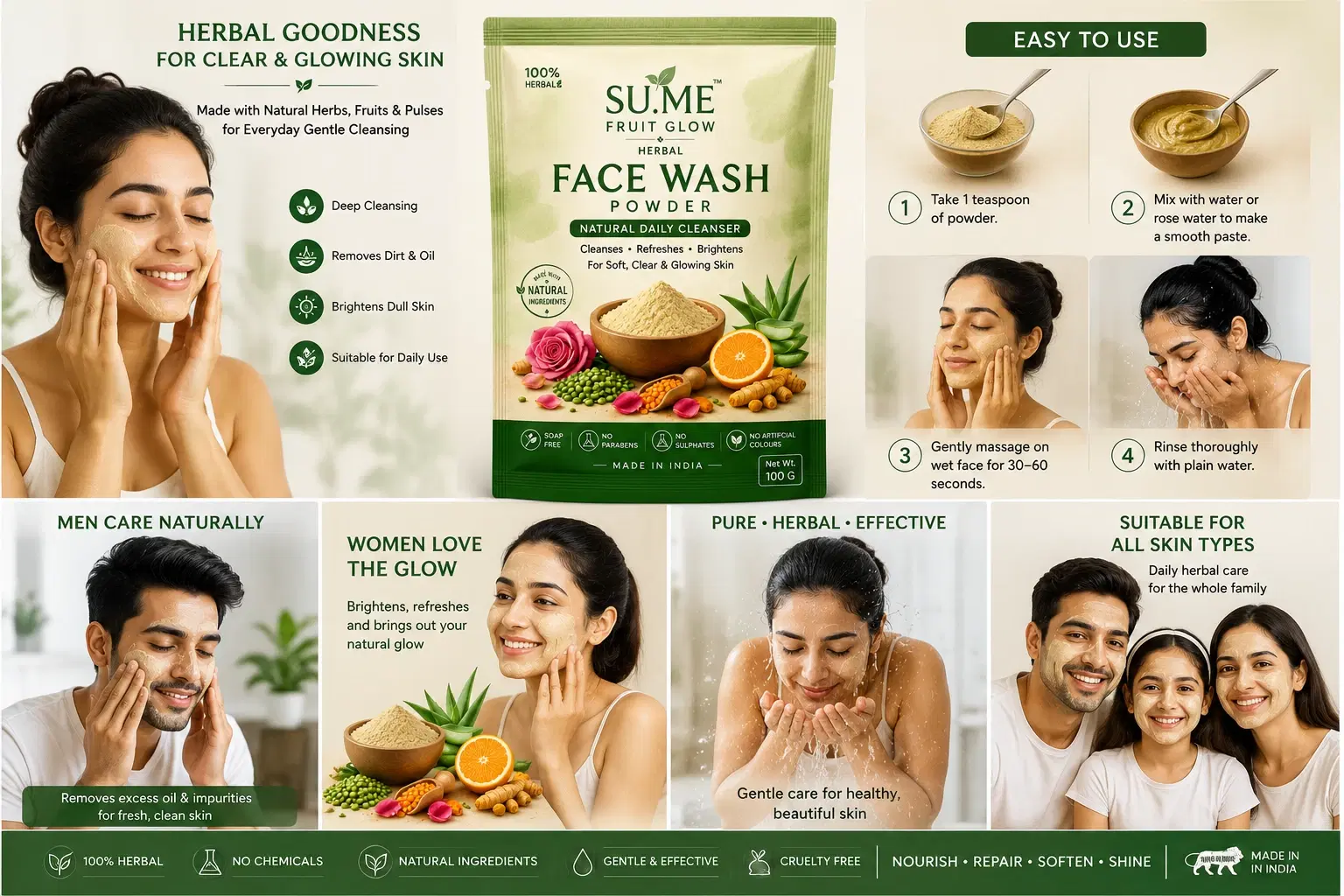 Su.Me Fruit Glow herbal face wash powder pack with usage steps and models applying natural cleanser