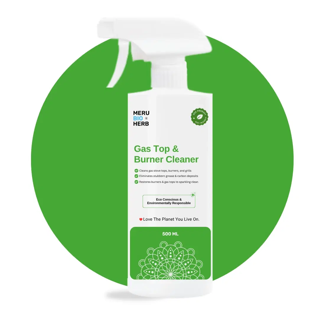 Meru Bio Herb Gas Top & Burner Cleaner 500ml trigger spray bottle on green background