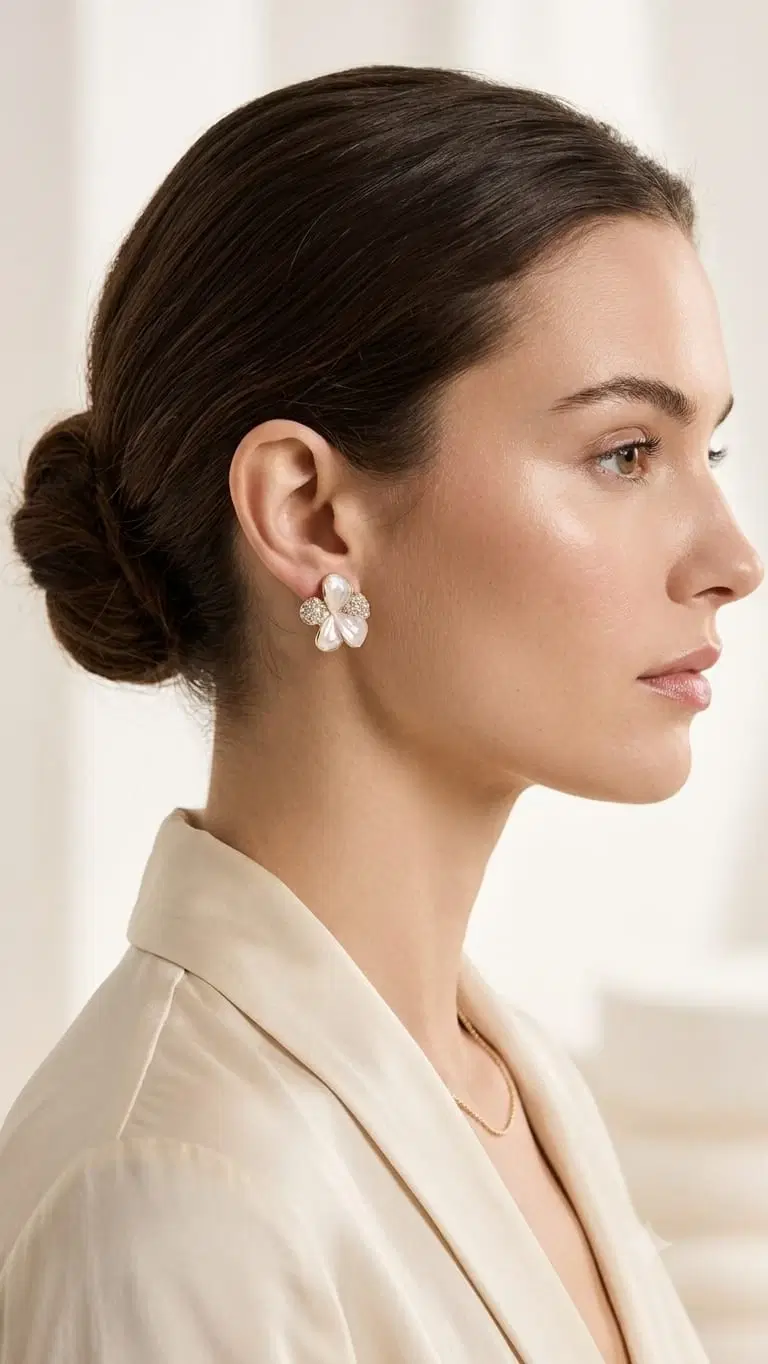 White Pearl Floral Stud Earrings for Women, Elegant Crystal Party Wear Ear Tops