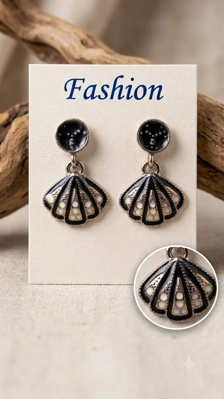 Black Rhinestone Fan Drop Earrings for Women, Korean Style Shell Dangle Earrings