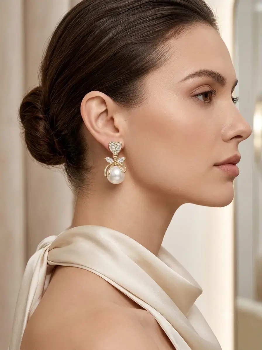 Elegant White Pearl Drop Earrings for Women, Floral Crystal Party Wear Earrings