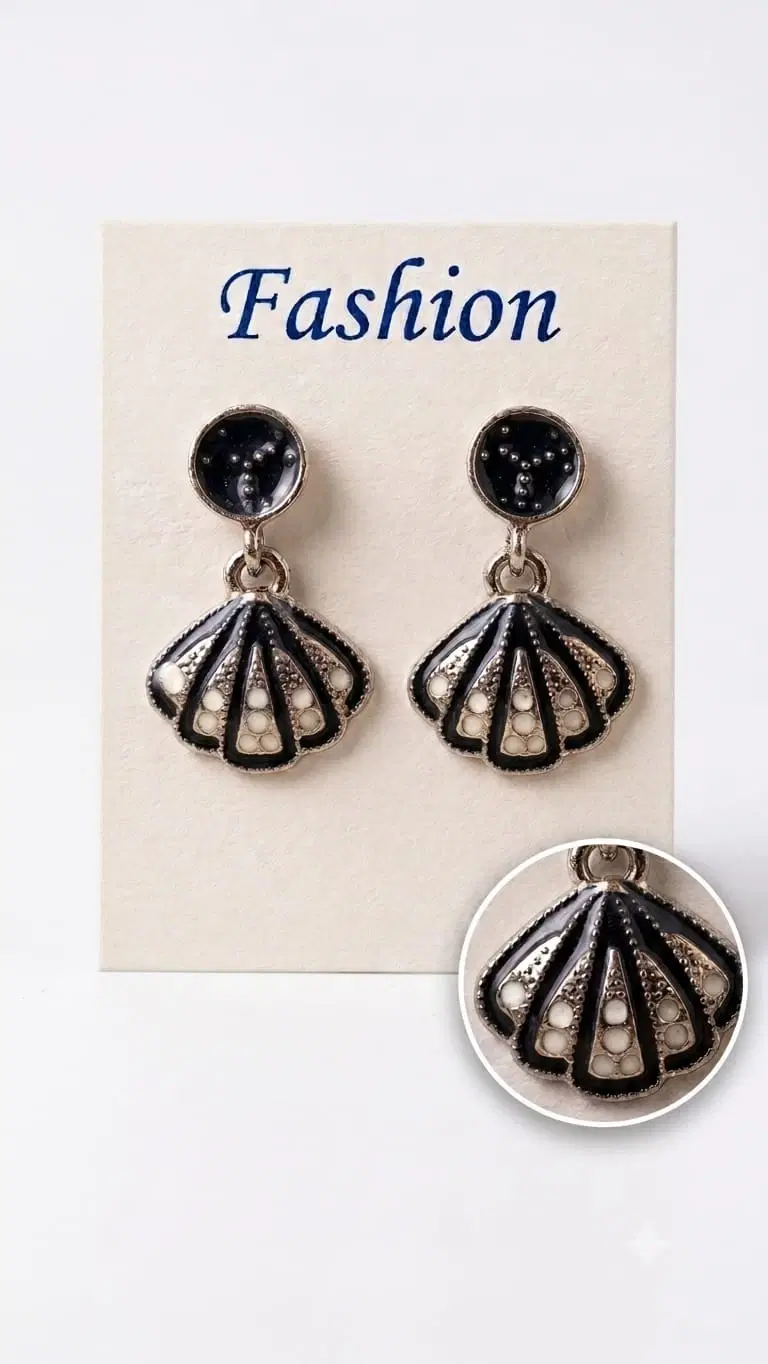 Black Crystal Fan Drop Earrings for Women, Shell Shape Fashion Dangle Earrings