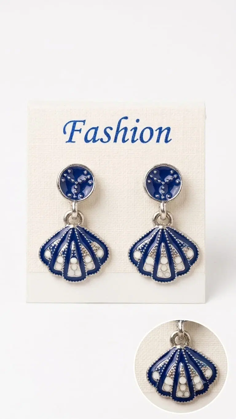 Royal Blue Stone Fan Drop Earrings for Women, Rhinestone Shell Dangle Earrings