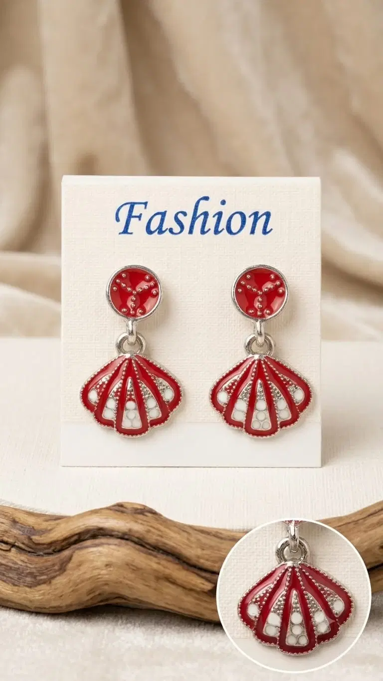 Red Stone Fan Drop Earrings for Women, Crystal Shell Shape Fashion Earrings