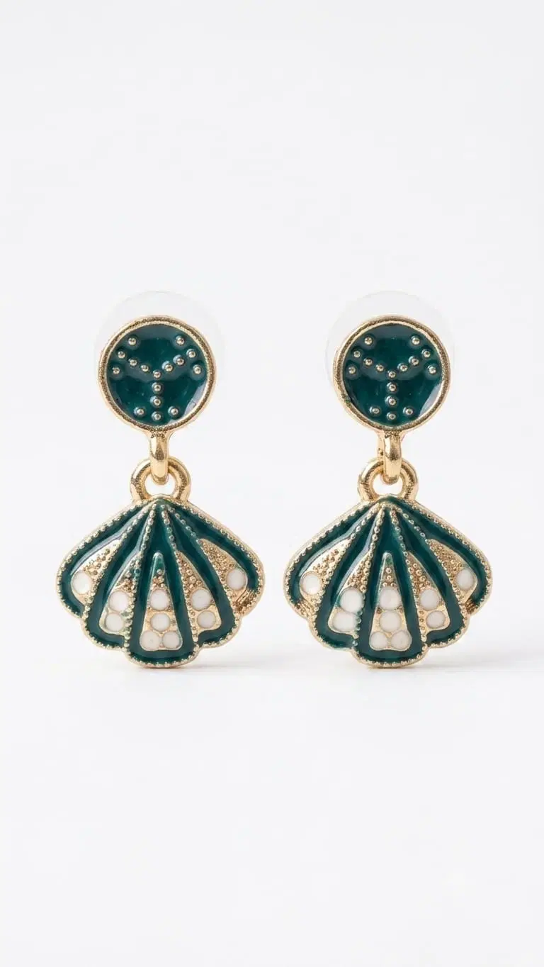 Green Enamel Fan Drop Earrings for Women, Gold-Toned Shell Shape Earrings