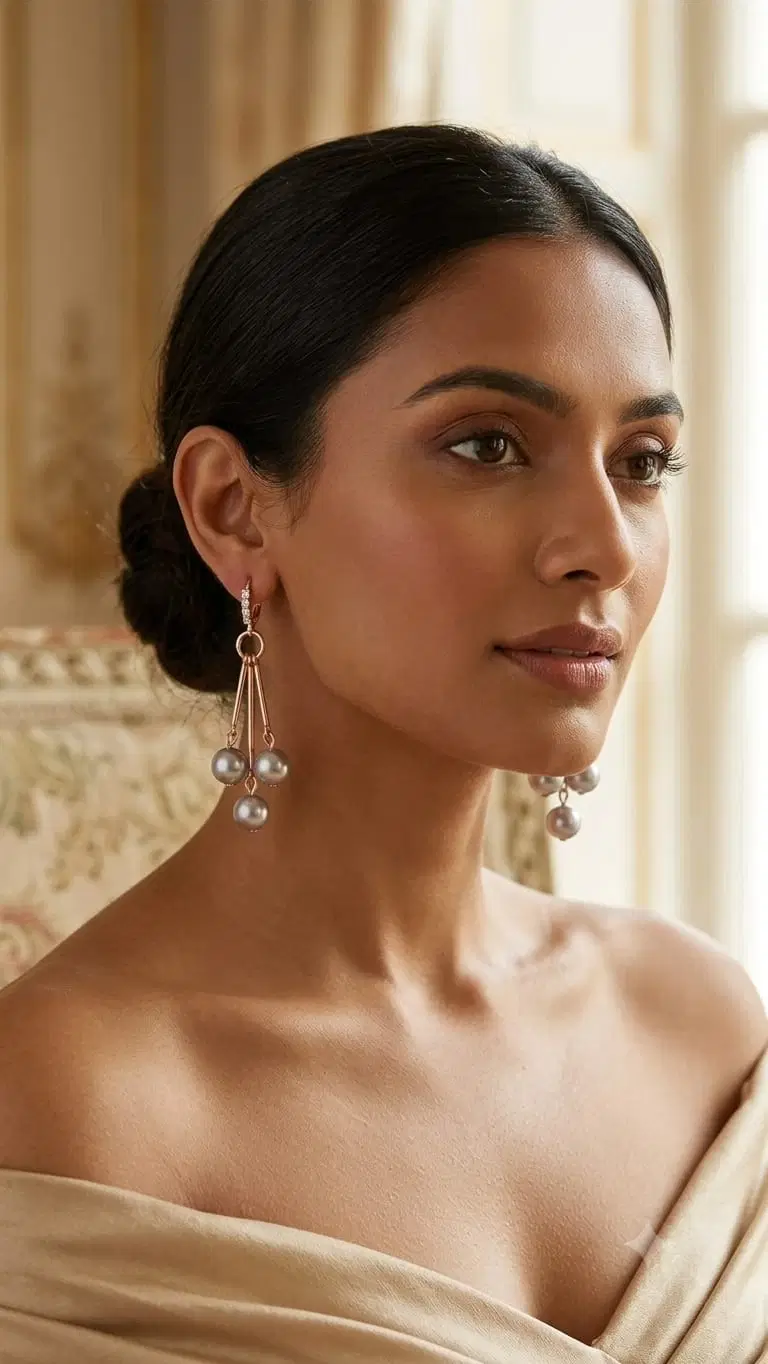 Rose Gold Pearl Chain Drop Earrings for Women, Elegant Long Dangle Earrings