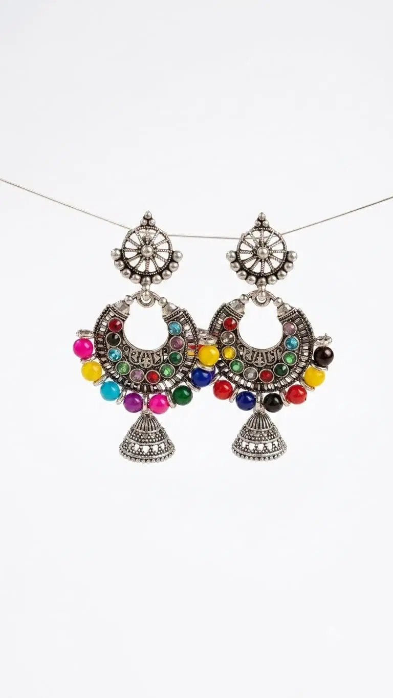 Oxidised Silver Chandbali Jhumka Earrings for Women, Multicolor Beads and Mirror Work