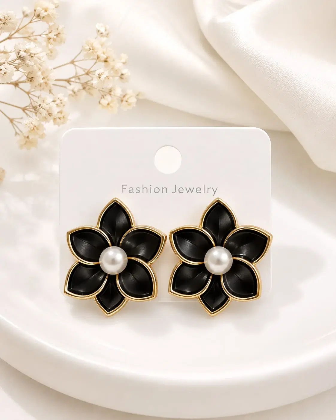 Black Enamel Flower Stud Earrings for Women, Pearl Center Floral Ear Tops