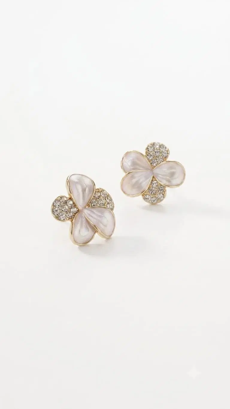 White Crystal Floral Stud Earrings for Women, Silver-Toned Flower Ear Tops