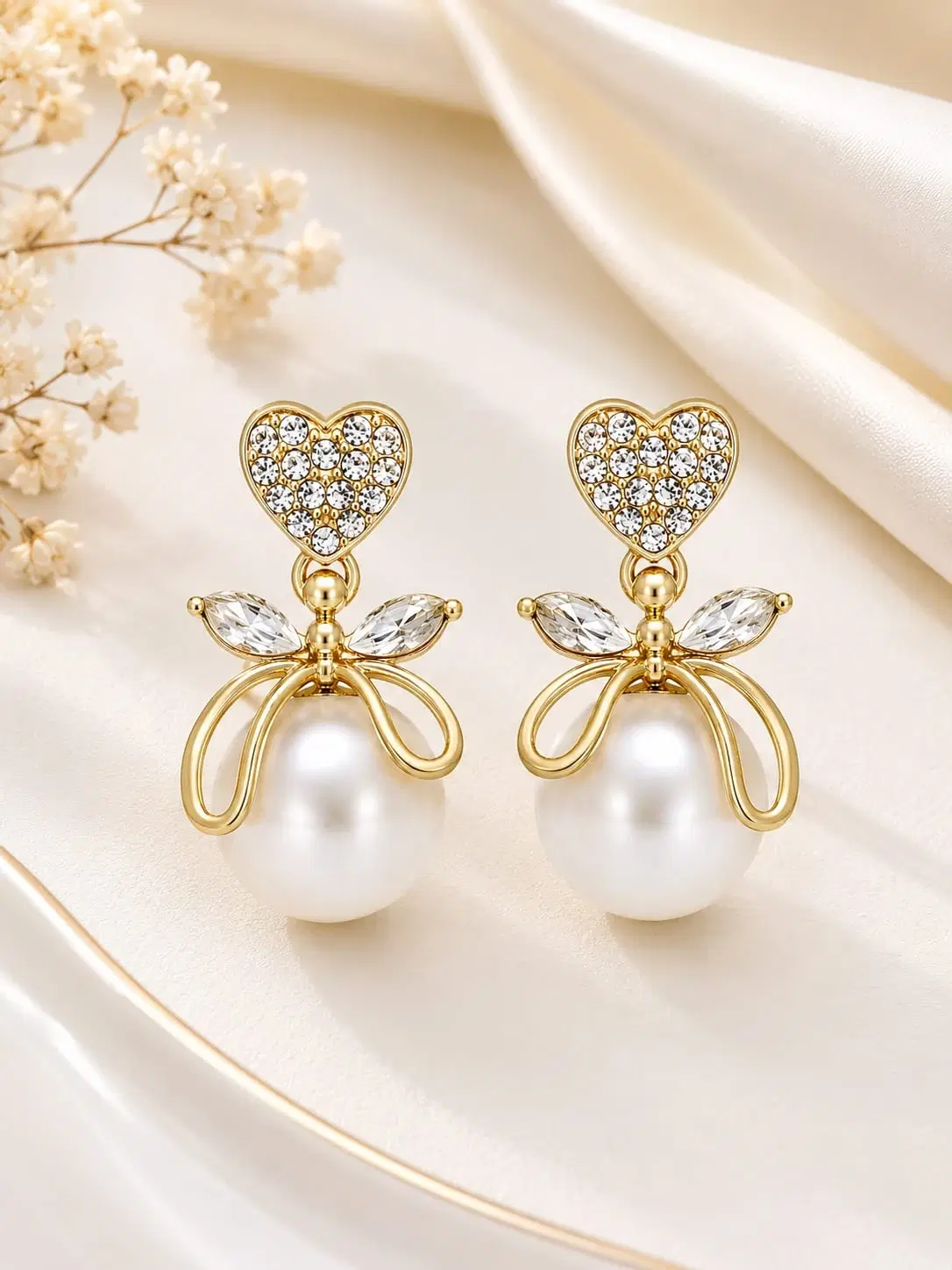 Gold-Toned Pearl Bow Drop Earrings for Women, Heart Crystal Party Wear Earrings