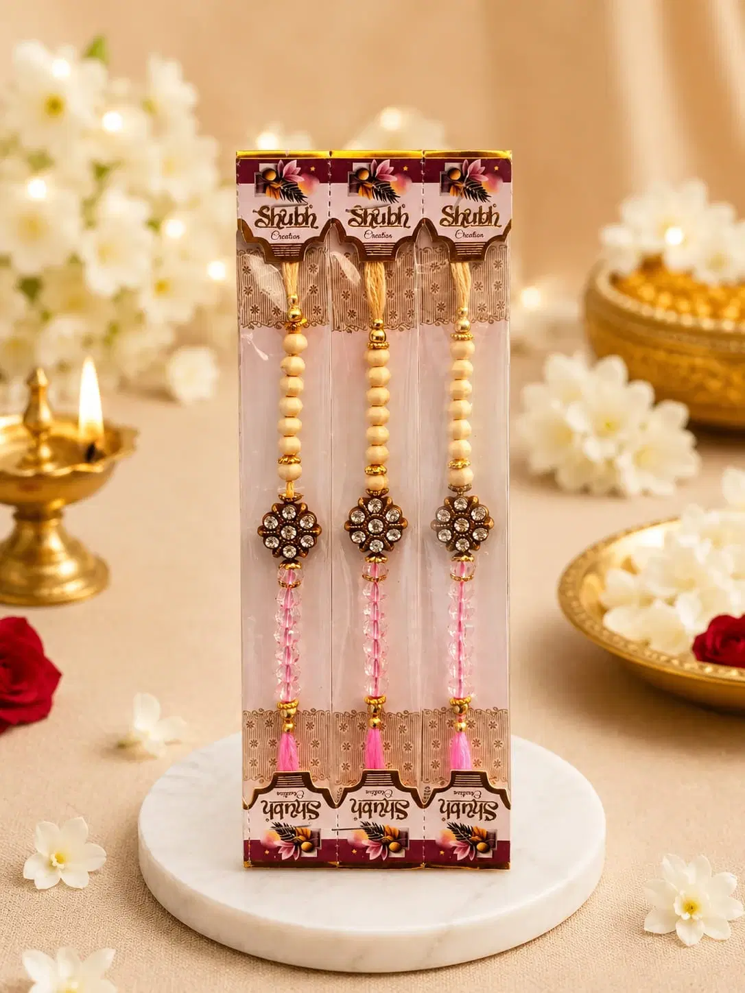Pearl Flower Beads Rakhi Bracelet Set