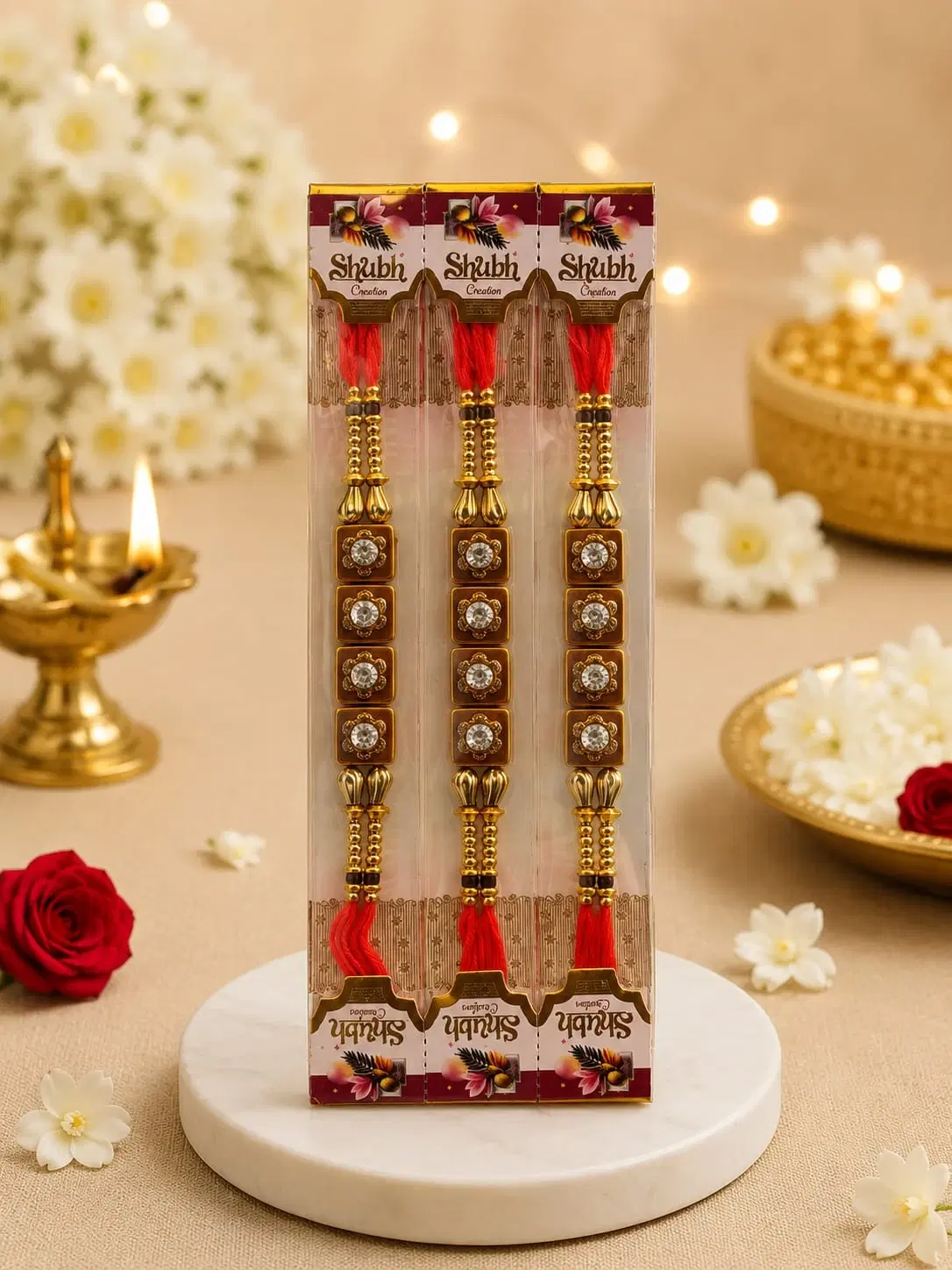 Red Thread Square Stone Rakhi Bracelet Set