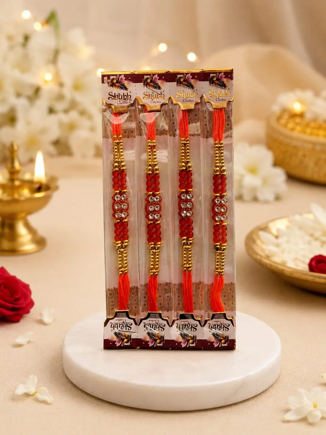 Red Beaded Stone Rakhi Bracelet Set