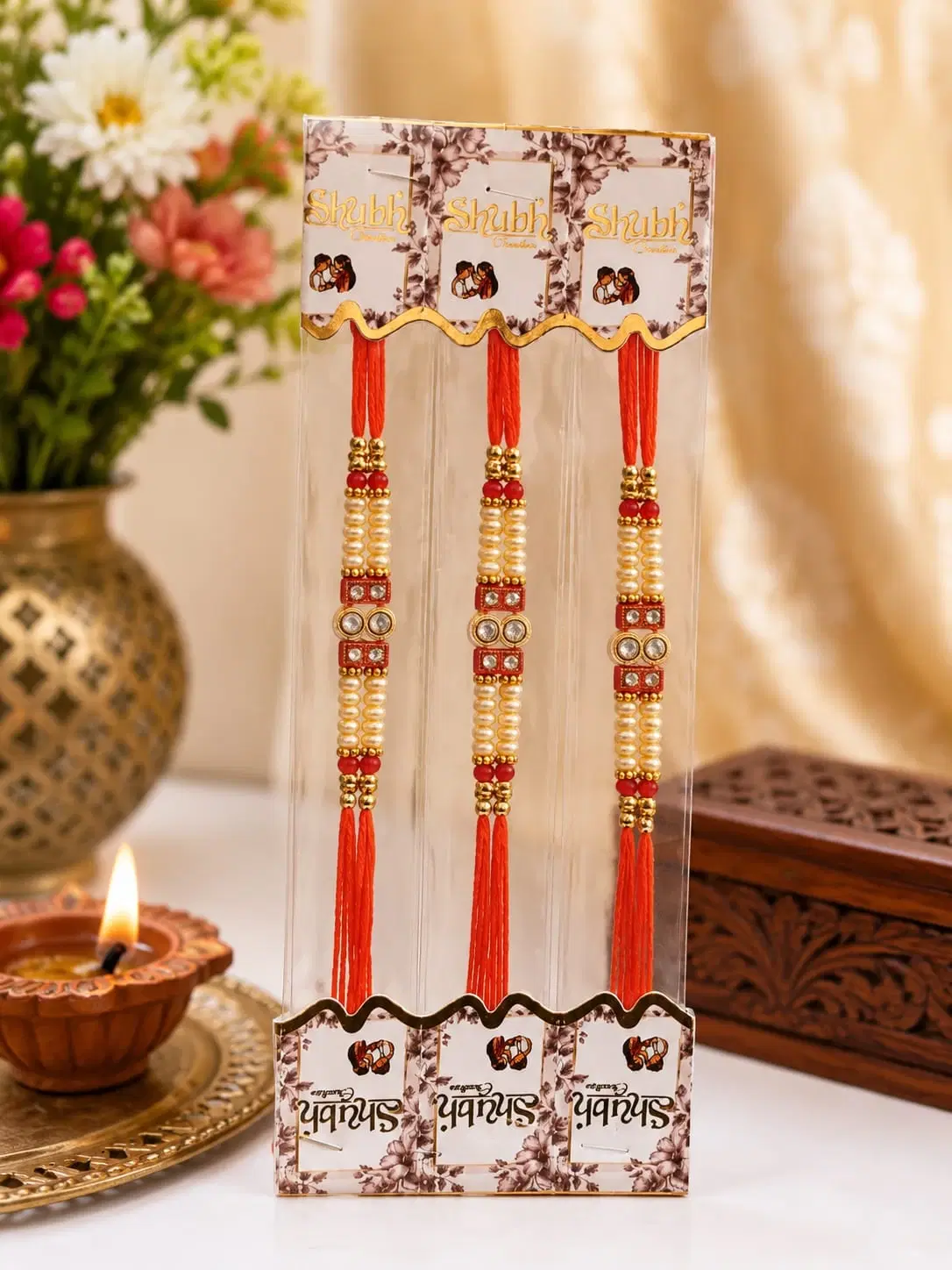 Pearl Red Stone Rakhi Bracelet Set