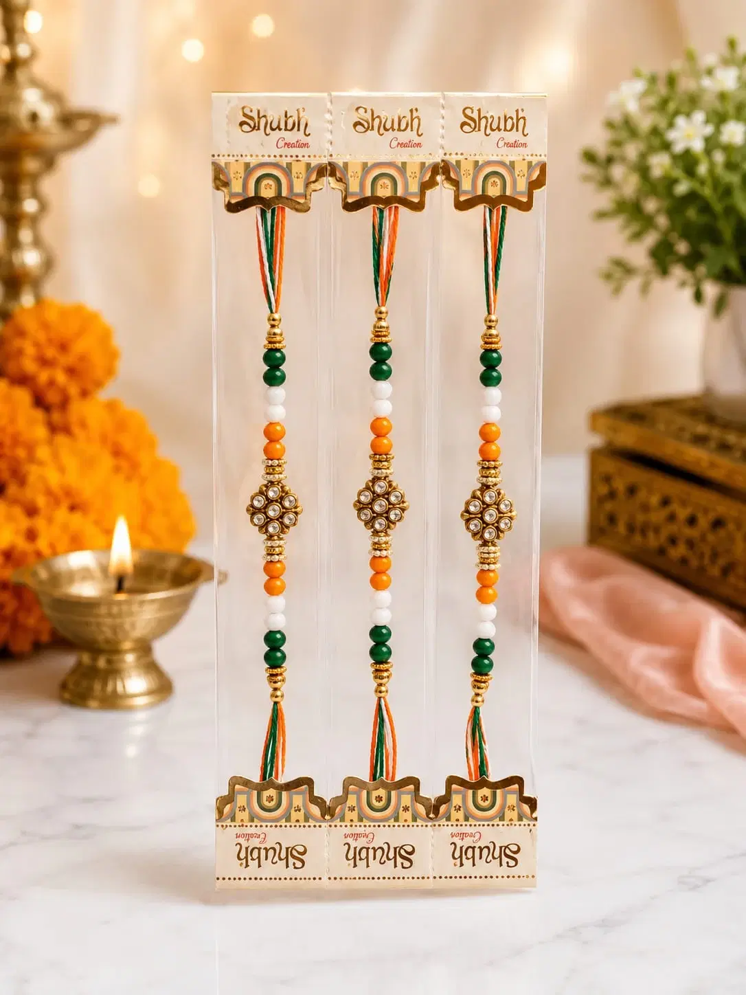 Tricolour Beads Floral Rakhi Bracelet Set