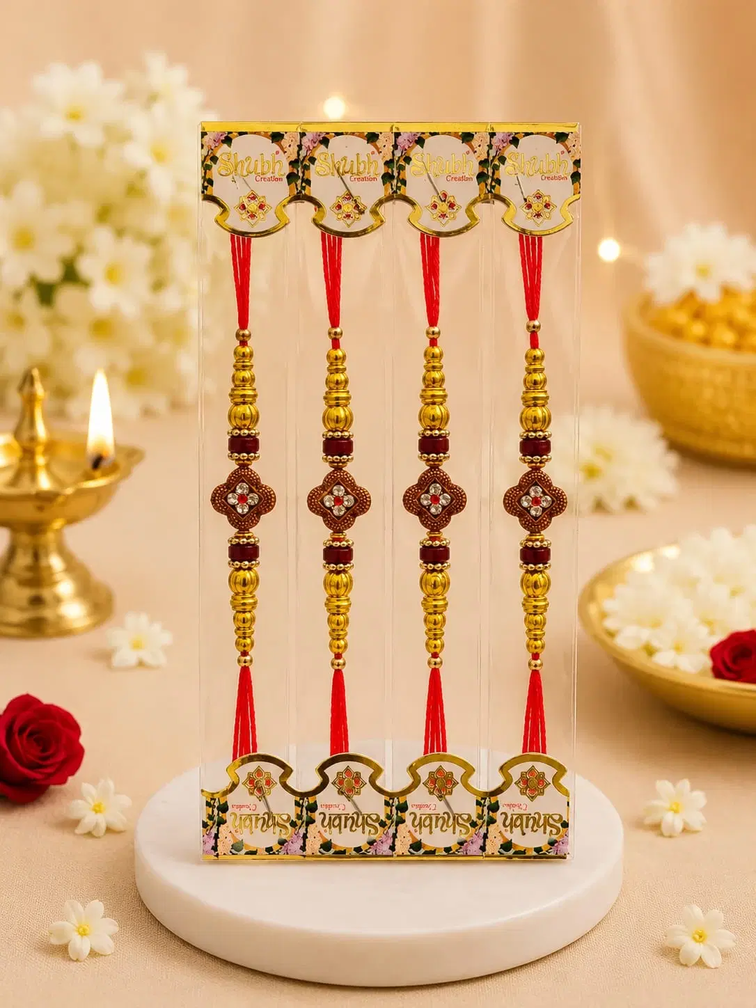 Gold Beads Diamond Motif Rakhi Bracelet Set