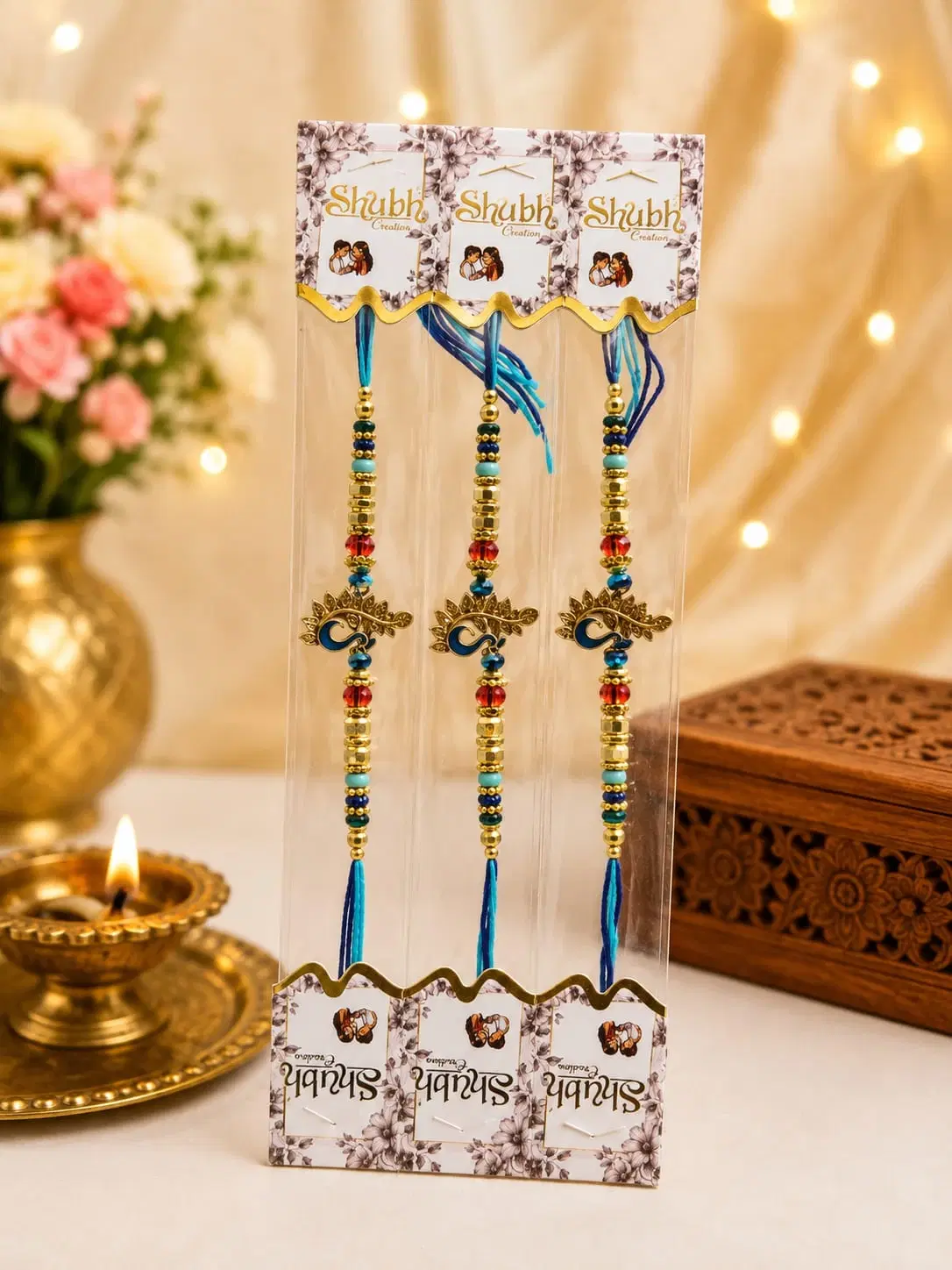Blue Peacock Charm Rakhi Bracelet Set