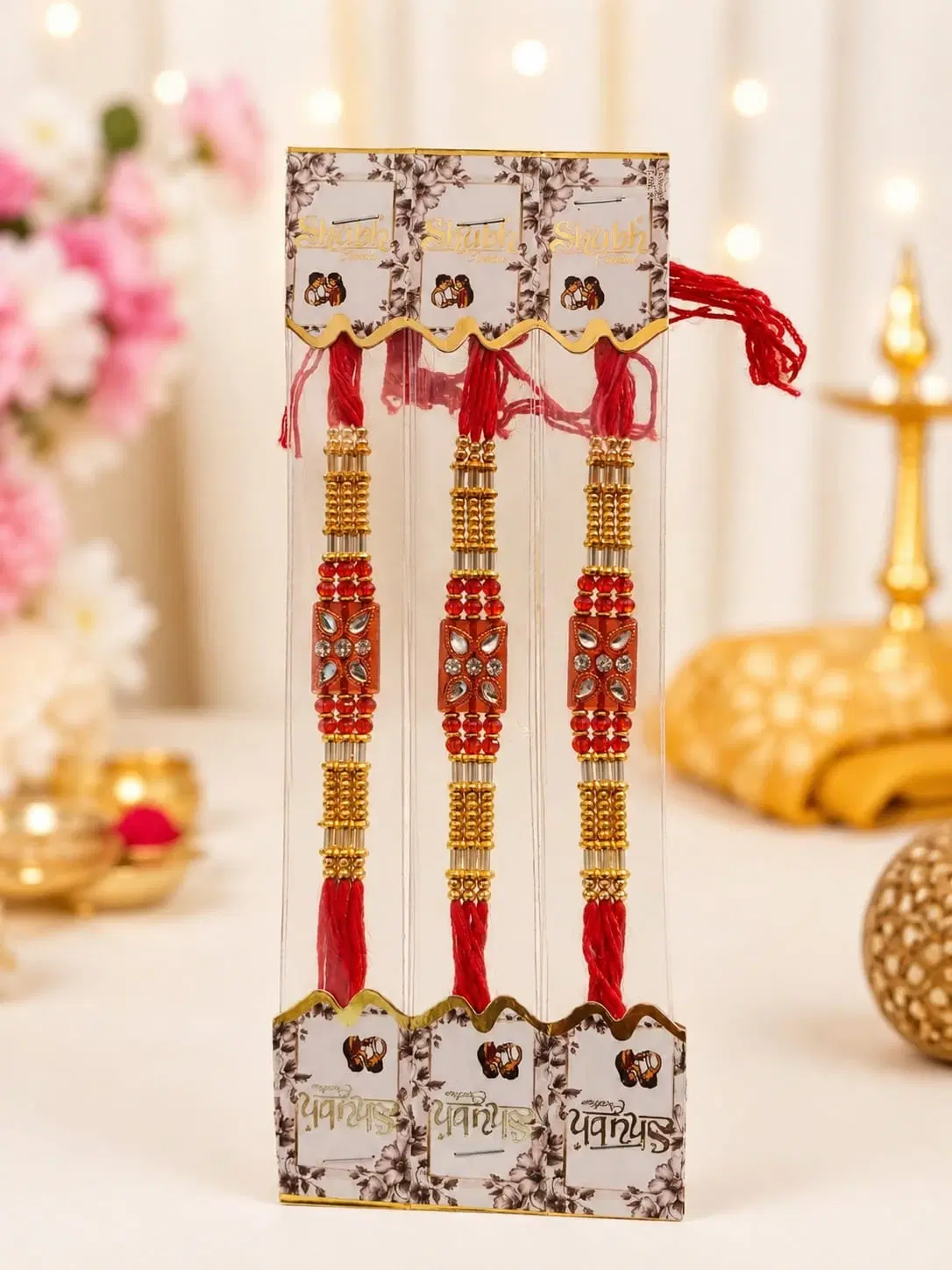 Red Kundan Style Rakhi Bracelet Set