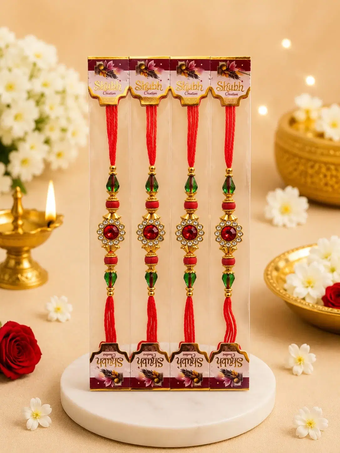 Ruby Green Stone Rakhi Bracelet Set