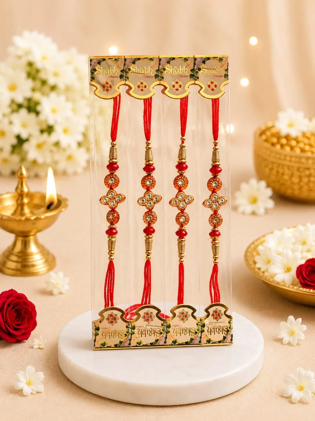 Orange Floral Stone Rakhi Bracelet Set