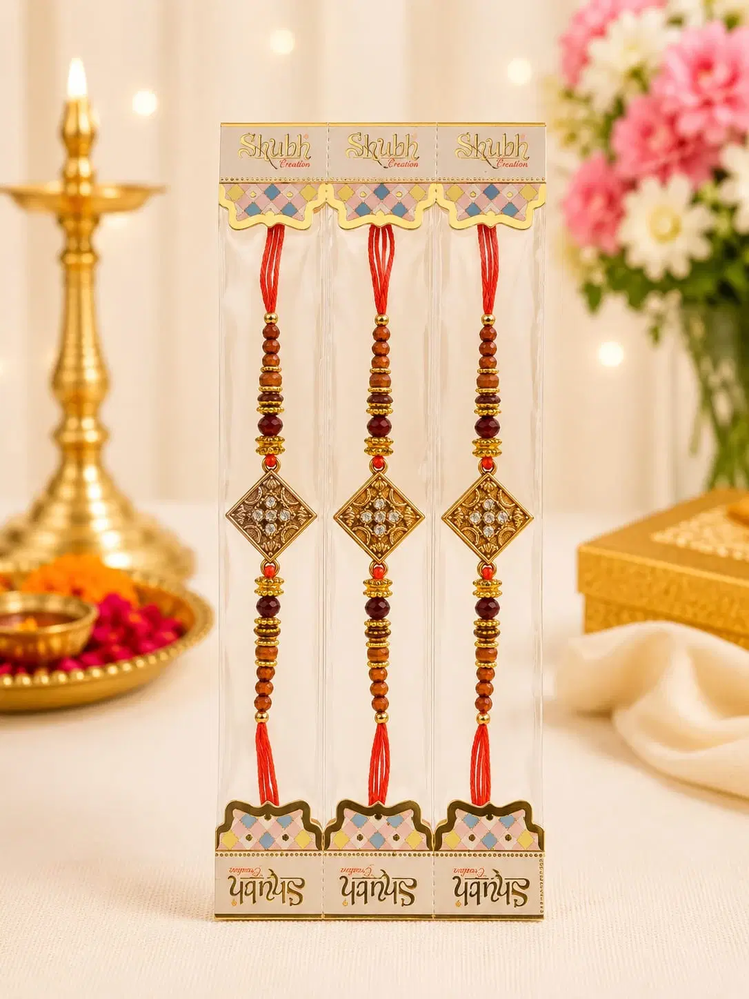 Diamond Pendant Beads Rakhi Bracelet Set