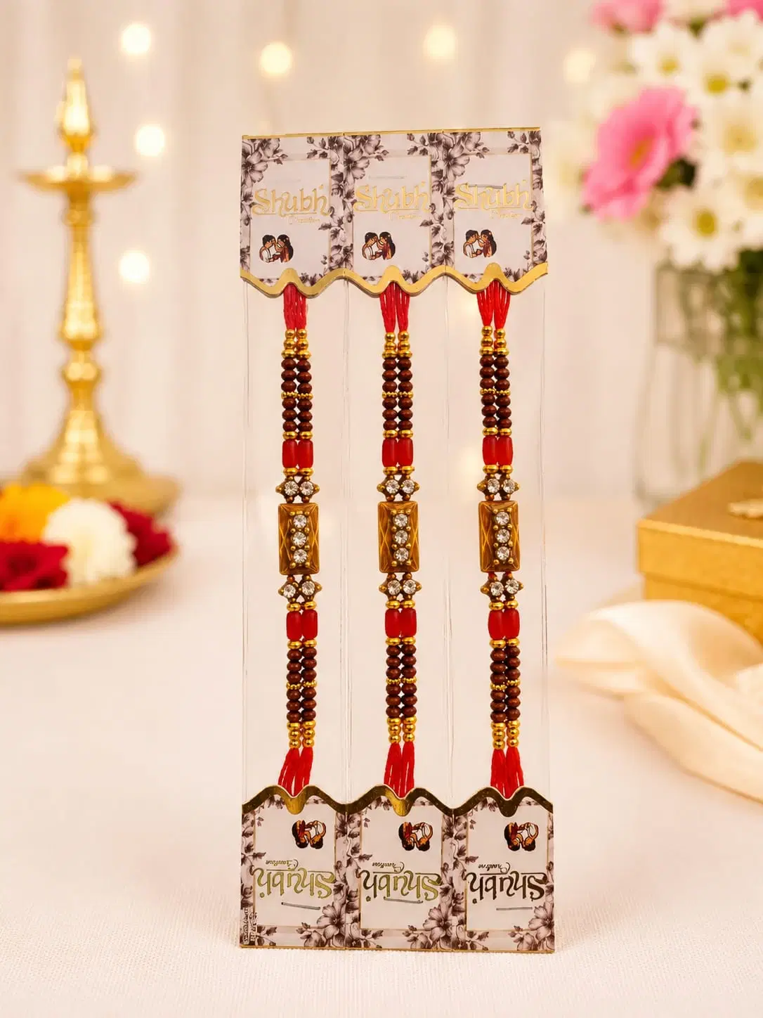 Brown Red Beads Stone Rakhi Bracelet Set