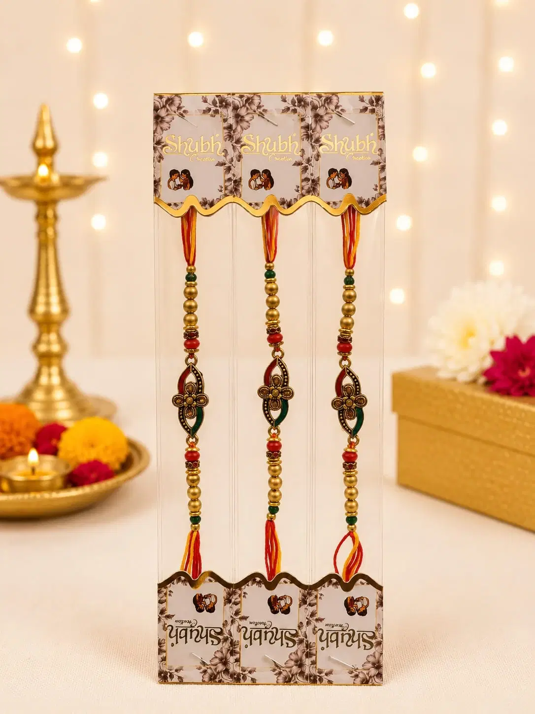Leaf Charm Gold Beads Rakhi Bracelet Set