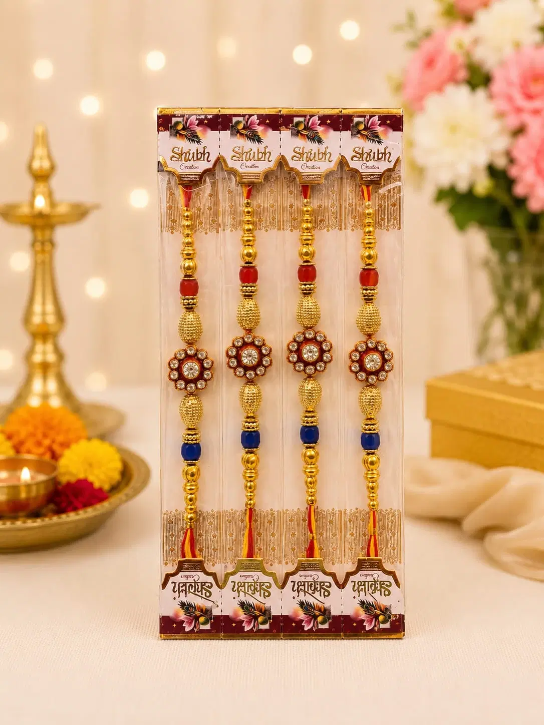 Royal Blue Gold Floral Rakhi Bracelet Set