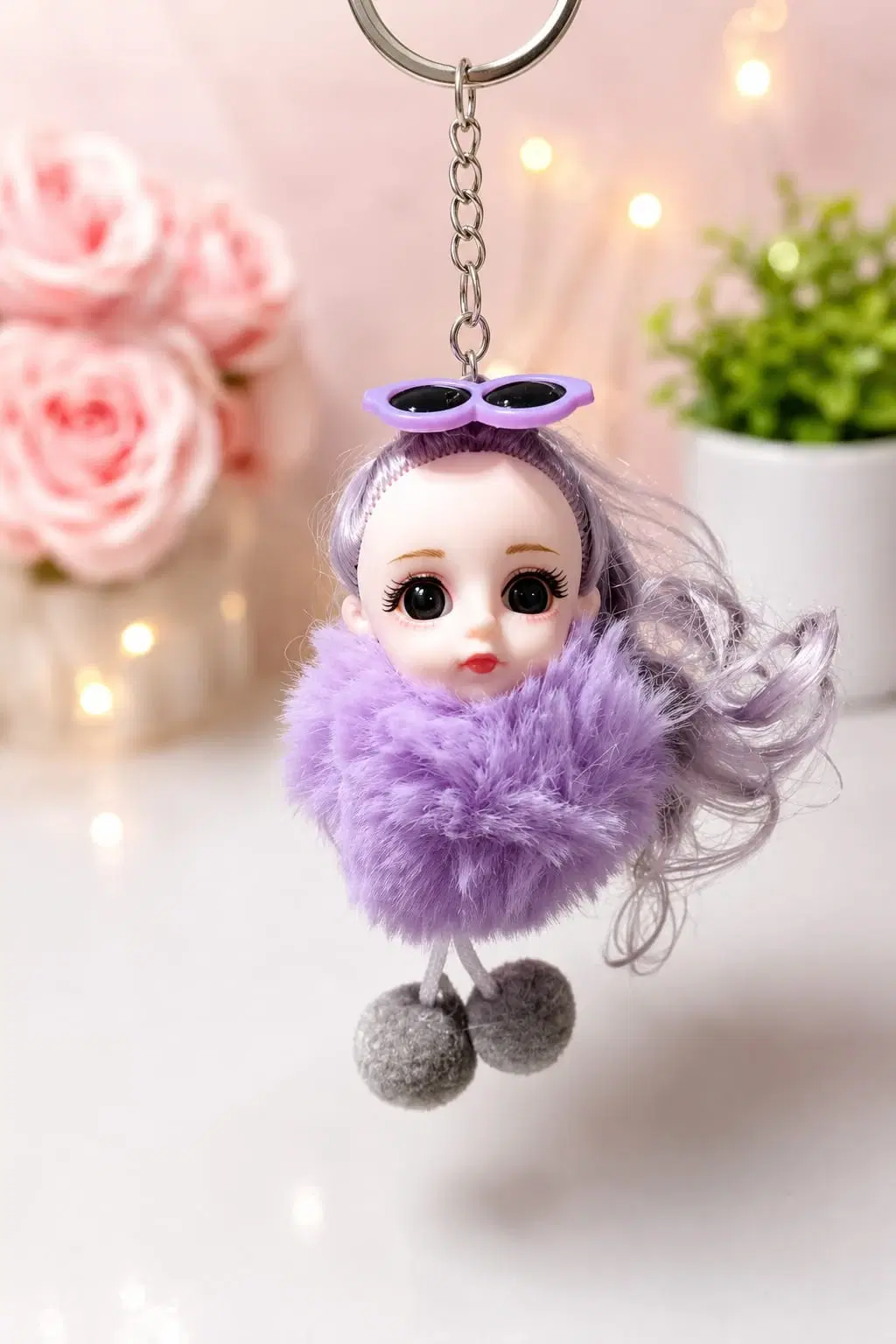Lavender Mini Doll Fur Keychain