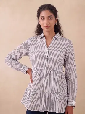 Women's Blue Striped Tiered Shirt