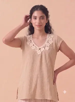 Women's Beige Embroidered V-Neck Top