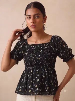 Women's Black Floral Print Puff Sleeve Top