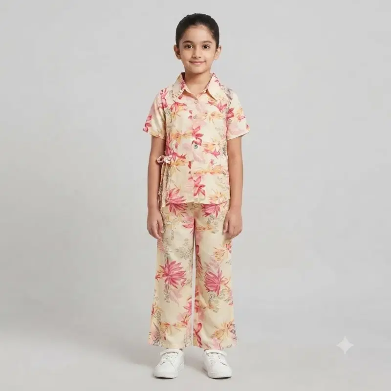 Girls Floral Print Shirt And Wide-leg Trouser Co-ord Set