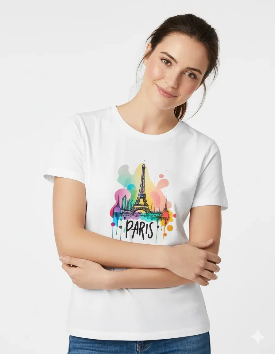 Woman wearing a white T-shirt with a colorful Paris Eiffel Tower graphic and blue jeans