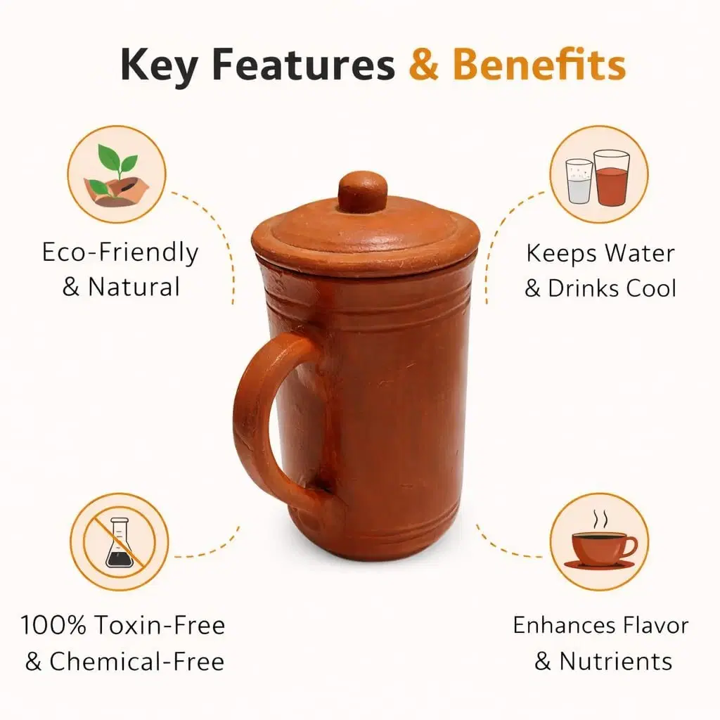 iINTELLIGENCEi Clay Water Jug with Lid and Handle, 800 ml, 1 Qty