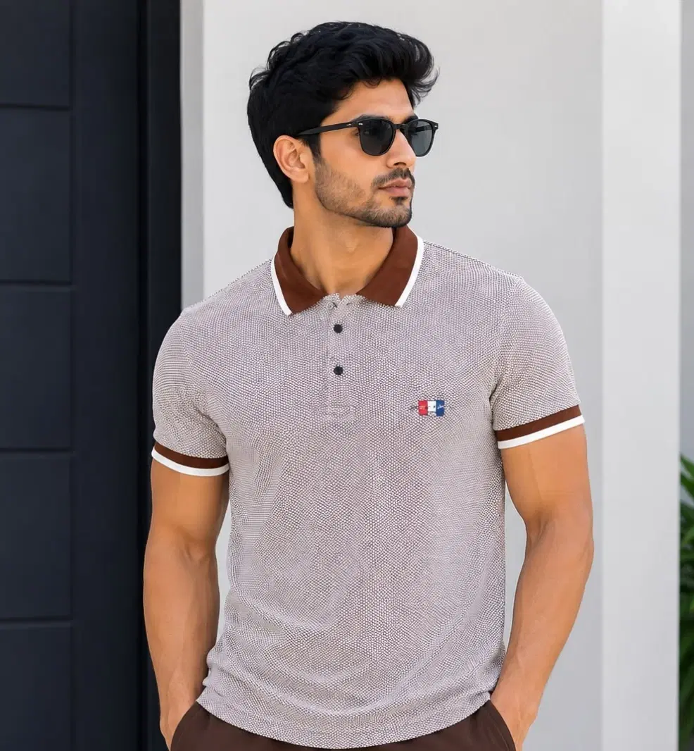 Men’s Textured T-Shirt Color: Light Beige / Cream with Brown Collar and Sleeve Details