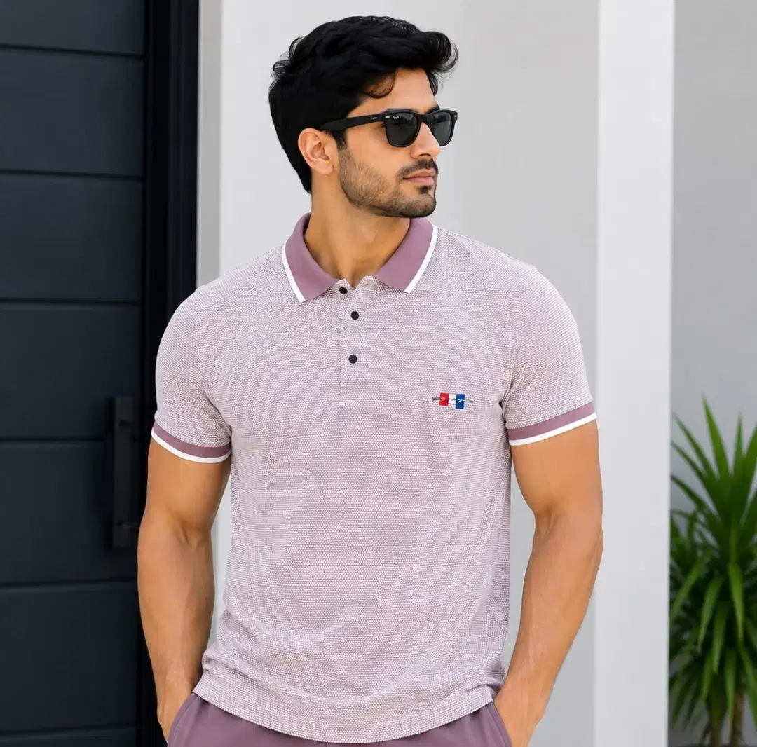 Men’s Textured  T-Shirt Color: Light Pink / Dusty Rose with Mauve-Pink Collar and Sleeve Details.