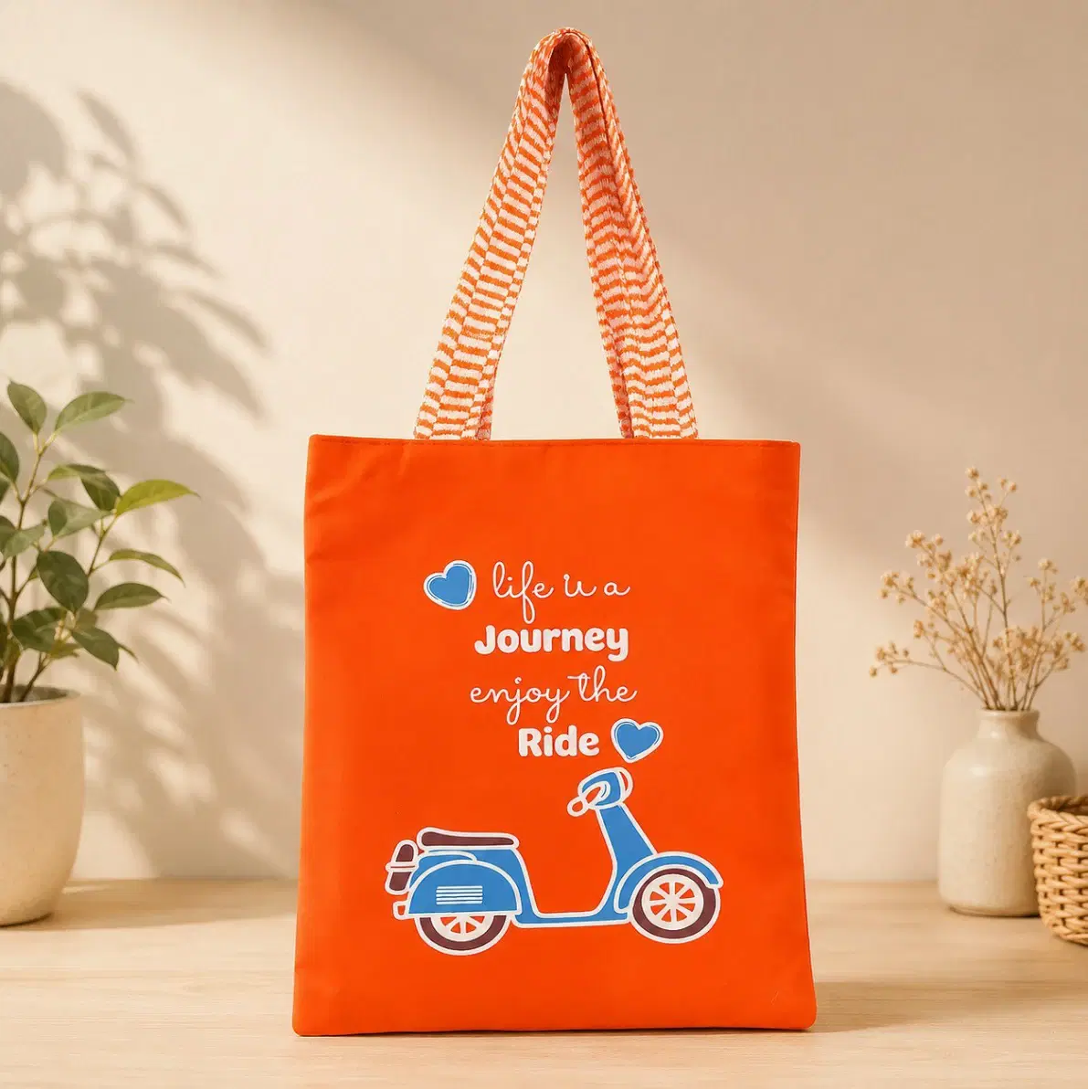 Orange Canvas Tote Bag - Life is a Journey Enjoy the Ride