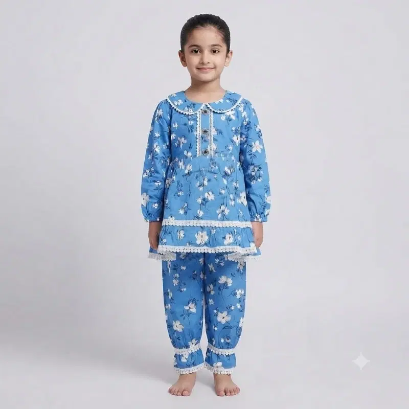 Kids Blue Floral Cotton Top And Pyjama Set