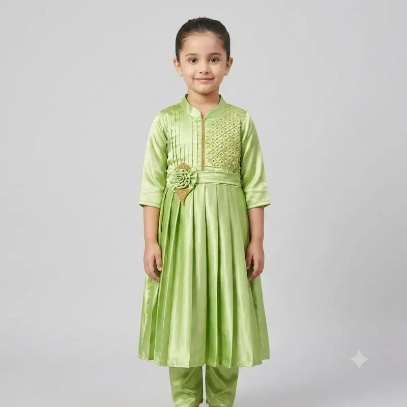 Kids Pistachio Green Silk Blend Kurta And Pant Set With Floral Waist Applique