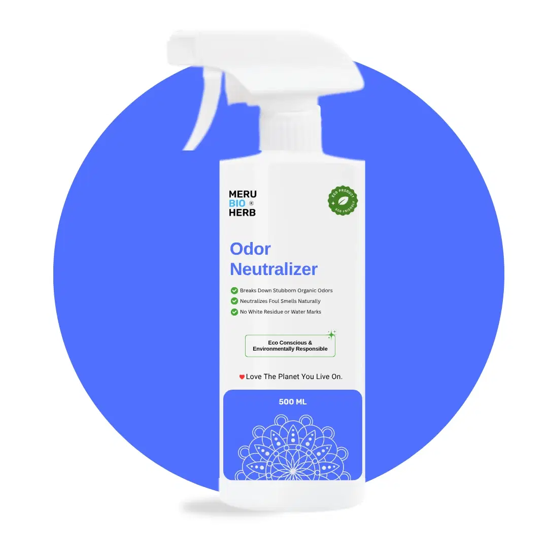 Meru Bio Herb Odor Neutralizer 500 ml spray bottle with white trigger and blue label