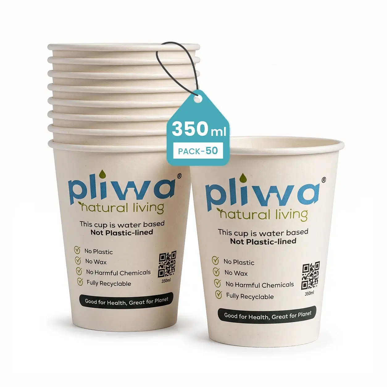 Pliwa | Paper Cup | Plastic Free | Water Based Coat (Aqueous) | 350 ml - Pack of 50 | for Hot & Cold | Eco-Friendly