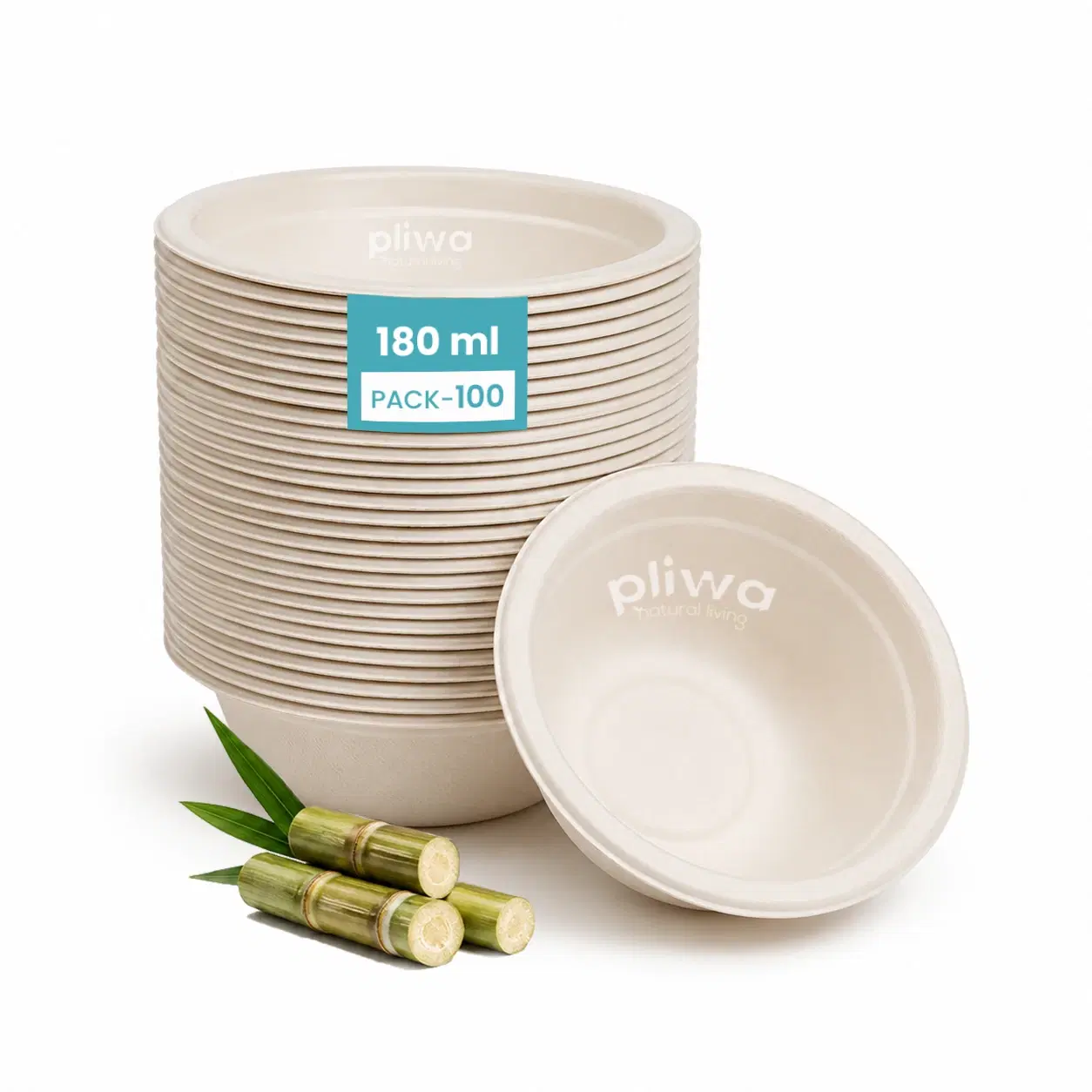 Pliwa Disposable Bowl |  Round Bowl | 180 ml - Pack of 100 | Non Toxic, Compostable | Sturdy, Microwave Safe, Leak-Resistant | Sugarcane Bagasse Eco-Friendly Round Bowl  (White)