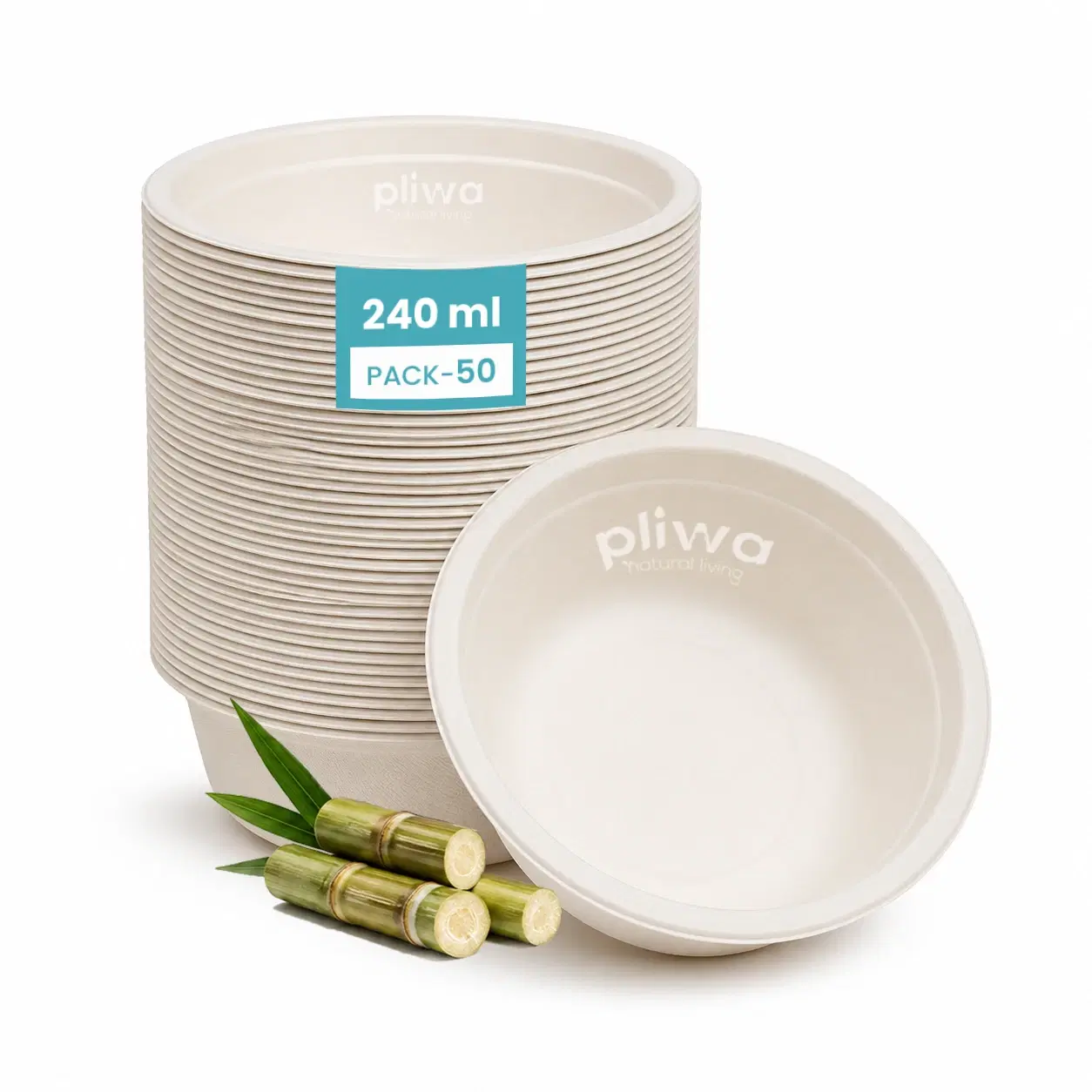 Pliwa Disposable Bowl |  Round Bowl | 240 ml - Pack of 50 | Non Toxic, Compostable | Sturdy, Microwave Safe, Leak-Resistant | Sugarcane Bagasse Eco-Friendly Round Bowl  (White)