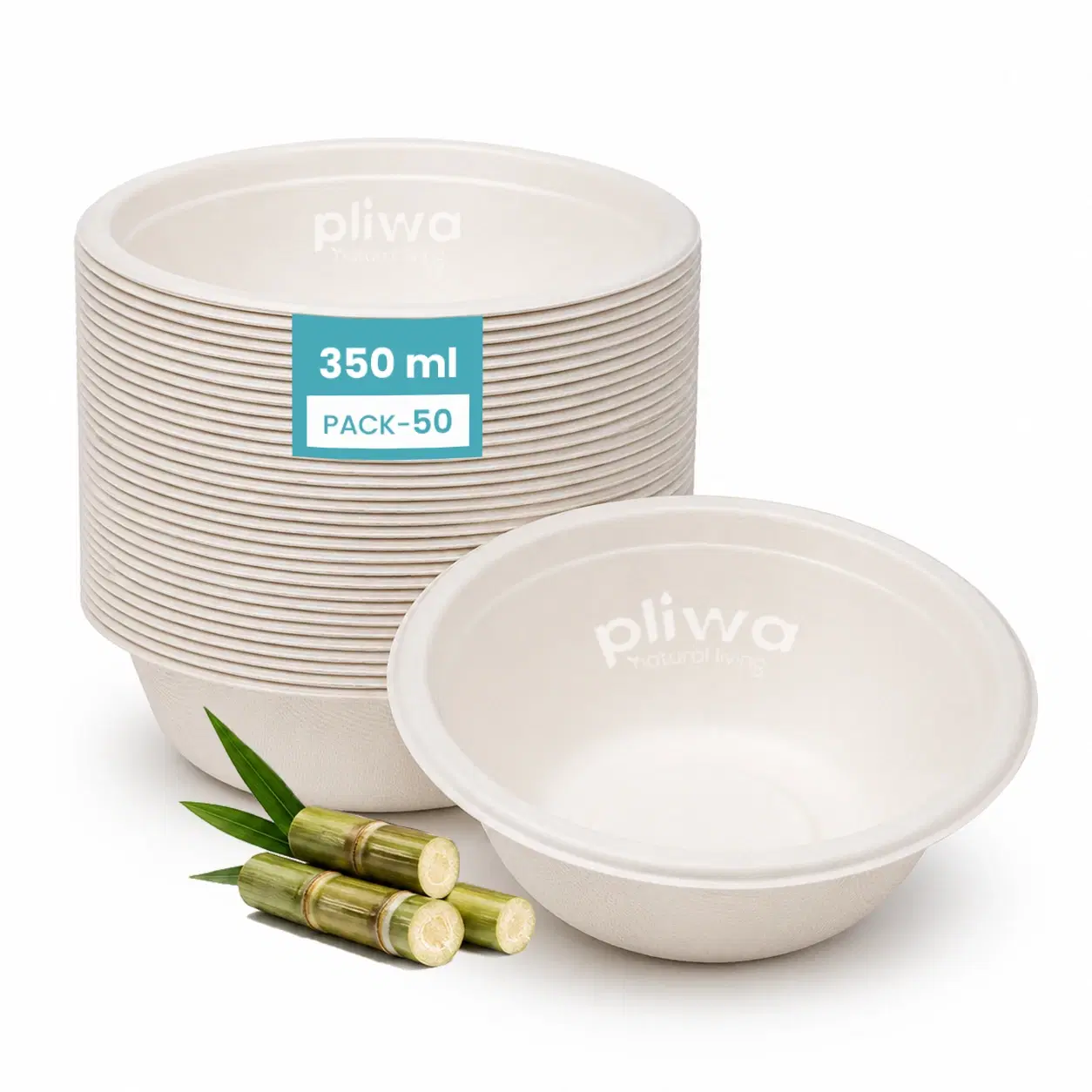 Pliwa Disposable Bowl |  Round Bowl | 360 ml - Pack of 50 | Non Toxic, Compostable | Sturdy, Microwave Safe, Leak-Resistant | Sugarcane Bagasse Eco-Friendly Round Bowl  (White)